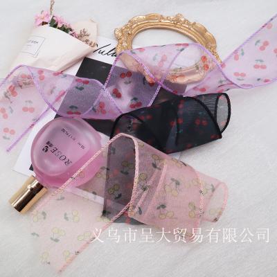 China High Tenacity Many Years Factory 4.0cm Headband Decoration Organza Fruit Cherry Printing Yarn Ribbon for sale