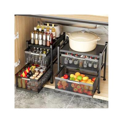 China Metal Sliding Basket Snack Fruit Vegetable Storage Rack 2 Tier Metal Pull-Out Basket For Racks Spice Organizer for sale