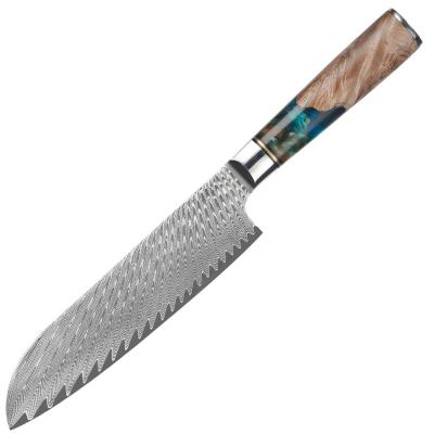 China 7 inch viable resin and stabilize wood to handle Japanese handmade knife Damascus steel santoku knife for sale