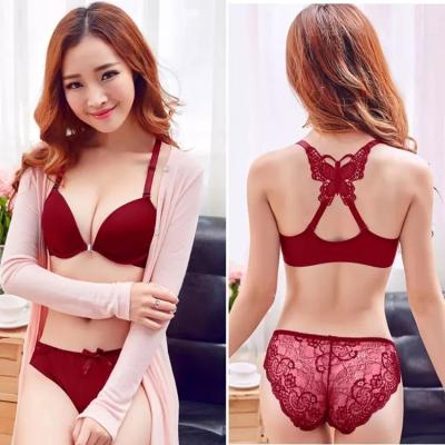 China QUICK DRY Front Closure Butterfly Lace Back Women Deep V Neck Bras Underwear Panties Set Push Up Bra With Underwire for sale