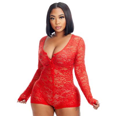 China QUICK DRY Teddy Sexy Lace Bodysuit Deep V-Neck Overalls Lingerie Sleepwear Onesie Adult Women Onesie With Button for sale