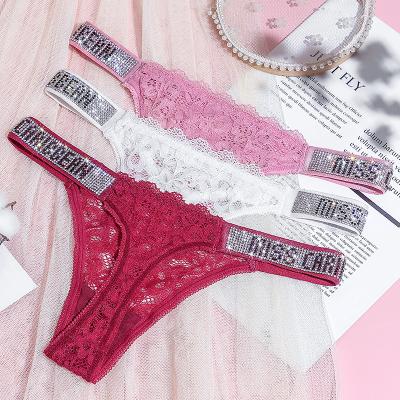 China Ladies Breathable Underwear Briefs Letters Lace Hollow Temptation Seamless Thongs Sexy Rhinestones Low Waist for sale