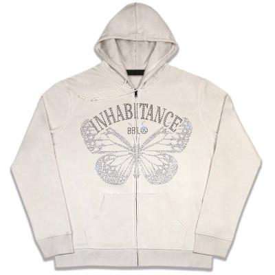 China Custom Oversized Zipper Hooded Men's Anti-Wrinkle Logo Cord Rope Rhinestone Hoodie for sale