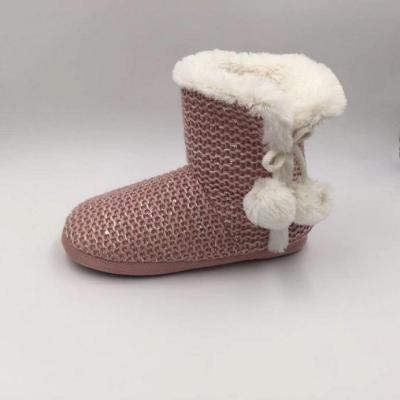 China Flat Ladies Warm Knitted Upper Winter Boot Indoor Slipper With Pom Pom for sale