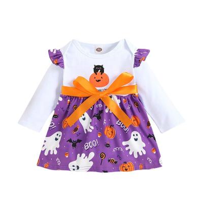 China Print Halloween Cloth Washable Purple Pumpkin Ghost Bat Long Sleeve Kids Dress With Bow Belt Baby Skirt for sale