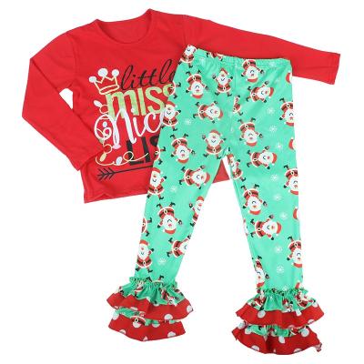 China Breathble Cozy Girls Christmas Clothes Sets Red Printed T-Shirts Tops Ruffles Green Pants Sets Girl Santa Clothes Set for sale