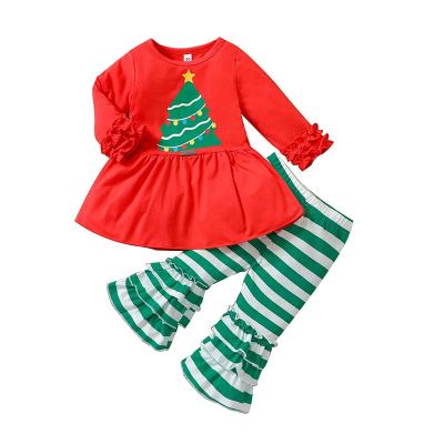 China Newest Christmas Soft Baby Ruffle Set Baby Red And Green Sleeve Tops Two Piece Snowman Cotton For Girls for sale