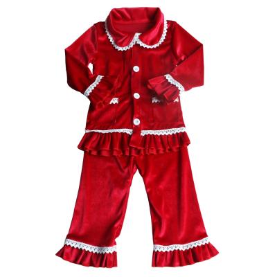 China 2020 New Design Girl Christmas Breathable Red Velvet Pajamas Sets Long Sleeves Home Wear White Lace Girl Nightgown Sets for sale