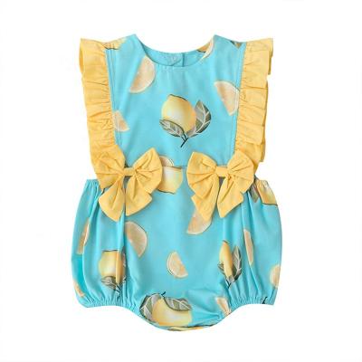 China Summer Newborn Baby Rompers Lemon Print Bow Cotton Boutique Baby Overalls Cyan Romper for sale