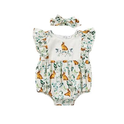 China Newborn Short Bow Headband Match Jumpsuits Print Easter Baby Rompers Easter Baby Sleeves Fly Sleeve Clothes Toddler Girl Summer Rompers for sale