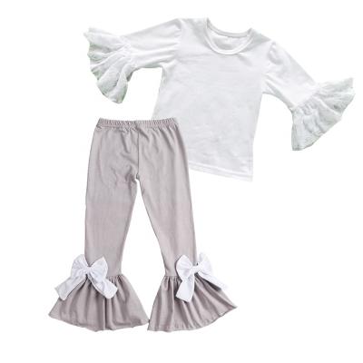 China 2021 Autumn Girl Sets Vintage White Flared T-shirt Long and Flared Pants Kids Wear Girls Clothing Set for sale