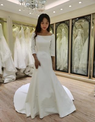 China 2021 breathable simple satin wedding bride dress for women boat neck 3/4 sleeve vestidos de novia china for sale