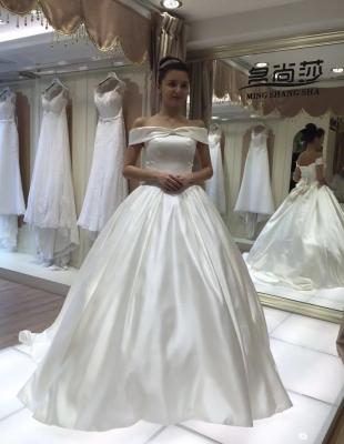 China Breathable Satin Wedding Dress Simple Shoulder Sweep Train 2021 Ball Gown for sale