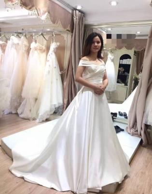 China Wholesale 2021 Breathable Off The Shoulder Ruffle Satin Wedding Dress A Line Wedding Dresses for sale