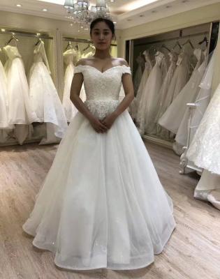 China 2021 Anti-Static Real Sample Off The Shoulder Sweep Train Cheap Wedding Dress Women Lace Up Back for sale