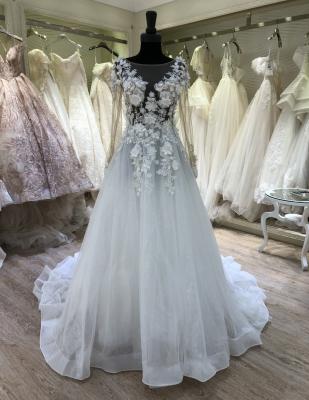 China Breathable Sexy See Through Boat Neck Sleeve A Line Long Wedding Dress Bridal Gown With 3d Flower for sale