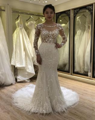 China 2021 breathable high quality long sleeve feather mermaid wedding dress plus size for ladies girl for sale