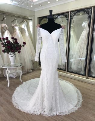 China 2021 elegant breathable off the shoulder long sleeve beaded mermaid wedding dresses bridal gown made in china for sale