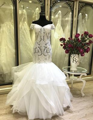 China Breathable Off The Shoulder Ruffle Mermaid Wedding Dress Crystal Beaded Bridal Gown Fashion 2021 for sale