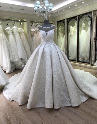 China 2021 Breathable Short Sleeve Boat Neck Lace Wedding Dress Ball Gown For Women for sale