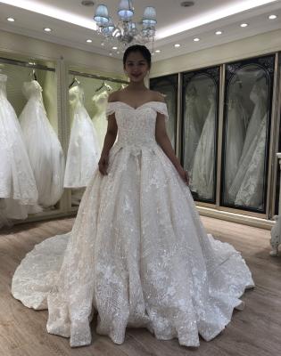 China 2021 factory wholesale price breathable off the shoulder shinny wedding dress ball gown for women for sale