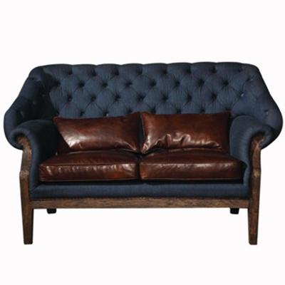 China Adjustable (other) Blue Denim Vintage Industrial Style Oak Wood Frame Sofa With Leather Cushion for sale