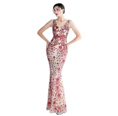 China Anti-Wrinkle Deep V-Shoulder Sequins Evening Dress New Women's Long Sleeve V Sexy Women's Evening Dress for sale