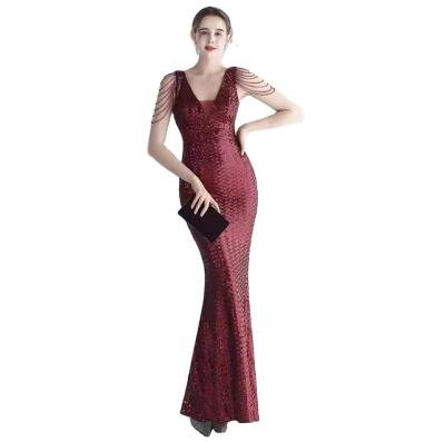 China New Anti-wrinkle Women's Clothing Party Evening Dress V-Neck Fish Scale Sequin Beaded Hanging Women's Evening Dress for sale