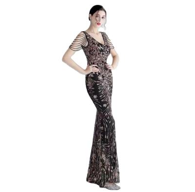 China Wholesale Women's Deep V Anti-wrinkle Off-the-Shoulder Sequins Deep V Sleeveless Elegant Sexy Women's Evening Dress for sale