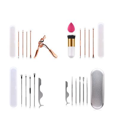 China Olive stainless steel button silver aluminum pin set squeeze pustule needle gold silver eyelash curler makeup sponge head double set for sale