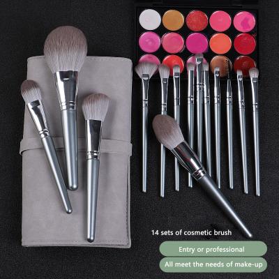 China Angular Blush In Stock Professional Wood Handle 14pcs Makeup Brush Set With Luxury Cosmetic Bag for sale