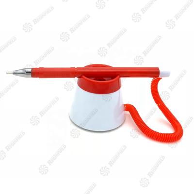 China office & School Pen Promotional Plastic Table Pen with Rope and Stand Spiral Holder for Bank and Office on Desk for sale