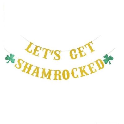 China Durable St Patricks Day Wall Hanging Decorations Leaves Get Shamrocked Gold Glitter Banner for sale