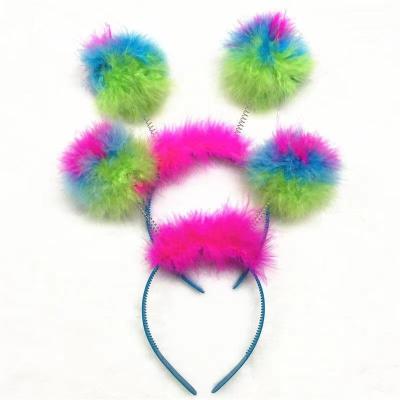 China Polyester Fluffy Party Personalized Faux Fur Rainbow Fluffy Pompom Head Boppers With Feathers for sale