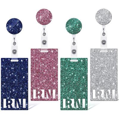 China Portable Custom Badge Reels with Glitter Personalized Initial Name ID Holders for Badges Nurses Work Decorative ID Card Holders for sale