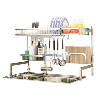 China New Sustainable 2 Tier Multifunctional Space Saving 3 In 1 Drain Drying Rack Large, Kitchen Durable 304 Stainless Steel Over Sink Dish Rack for sale