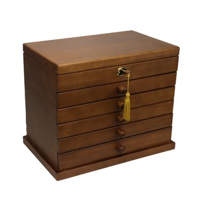 China Custom Full Wooden Lock Jewelry Box Solid Wood With Lock Walnut Color Retro Floors European Six Jewelery Boxes for sale