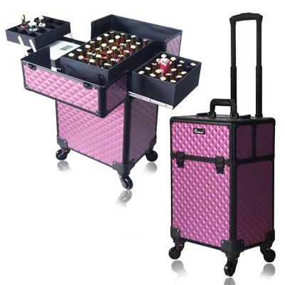 China Big Capacity Women Steel Professional Makeup Box Nail Large Cosmetic Case Make Up Trolley Suitcase for sale