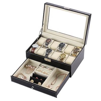 China Wholesale Durable Stain Watch Jewelry Box Black PU Watch Packaging Box With Lock Leather Jewelry Storage Box Factory Direct Sales for sale