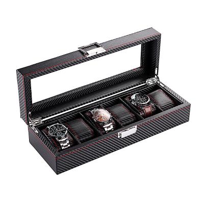 China Durable Factory Spot 6 Slots Carbon Fiber Watch Box Black Leather PU Storage Box Watch Packaging Box Customized Accepted for sale