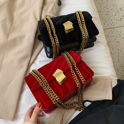 China Luxury Fashion Winter Rectangle Chain Cross - Body Handbags Shoulder Bag Women Female Embroidery Velvet Chain Purse for sale