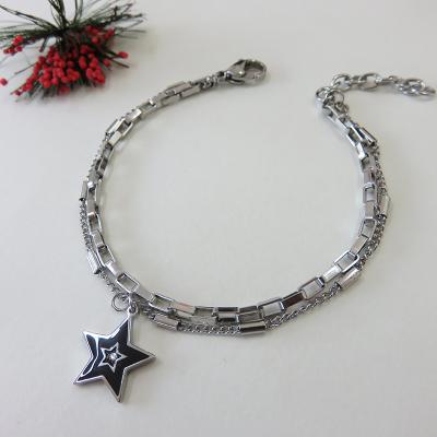 China Popular Lead Free Nickel Free Hip Hop Stainless Steel Rectangle Box Chain Link Bracelet With Star Crystal Pendant for sale