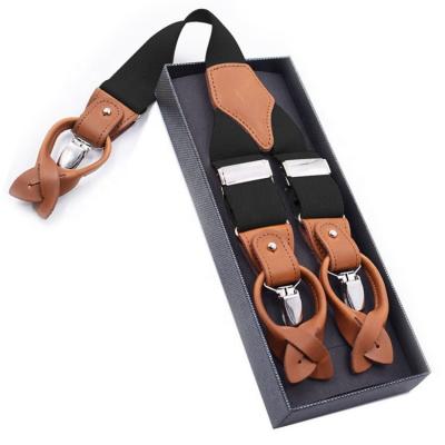 China Adjustable Braces Suspenders Refine Elastic Double Function Adjustable Leather Suspender Adult Brace For Men With Box for sale