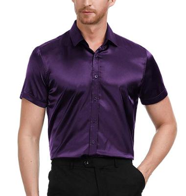 China Purple Color Shiny Anti-pilling Men's Slim Fit Silk Like Satin Dress Shirt Dance Prom Luxury Dress Shirt for sale