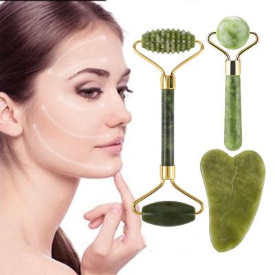 China Handheld Beauty Whitening Jade Rose Quartz Facial Massage Roller Rose Quartz Face Roller Gua Sha Set For Face With Box for sale