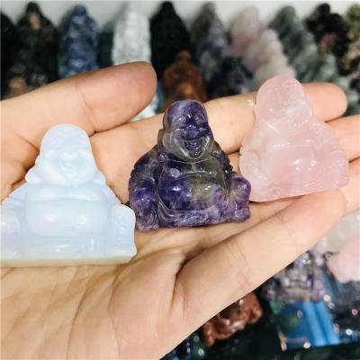 China Natural Crystal Buddha Figure China Amethyst Quartz Fortune Laughing Crystal Carving Crystal Craft For Gifts for sale