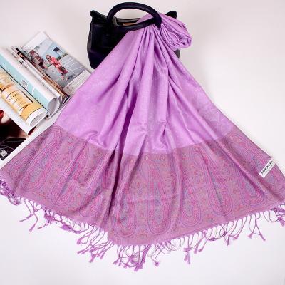 China Hot Selling Elegant Ladies Paisley Kashmiri Pashmina Scarf Jacquard Tassel Luxury Quality Polyester Fringed Shawl for sale