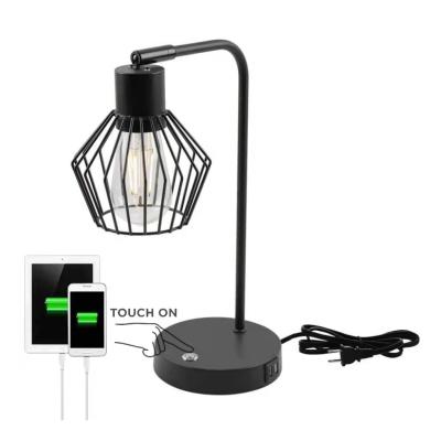 China JLT-9522-1 Modern Industrial 3 Way Dimmable Touch Table Lamp With Metal Cage 2 USB Portsfor Bedroom Bedside for sale