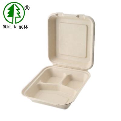 China Biodegradable Disposable Bamboo Pulp Food Container 3 Compartments Clamshell for sale