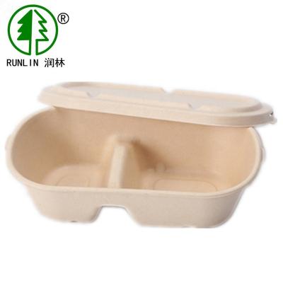 China Large Capacity 2 Compartments Disposable Sugarcane Bagasse Pulp Food Box With Lid for sale